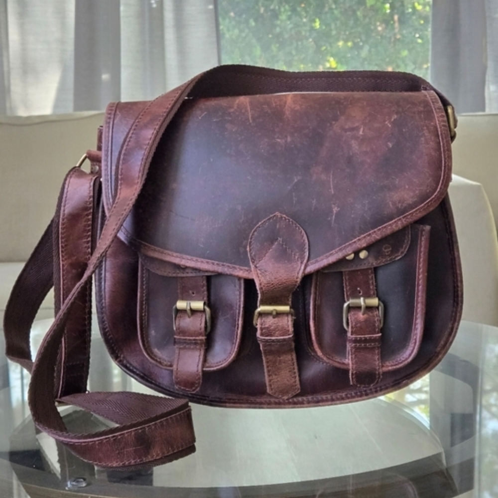 Western Rugged Distressed Grunge Brown Leather Boho Cowboy Messenger Utility Bag